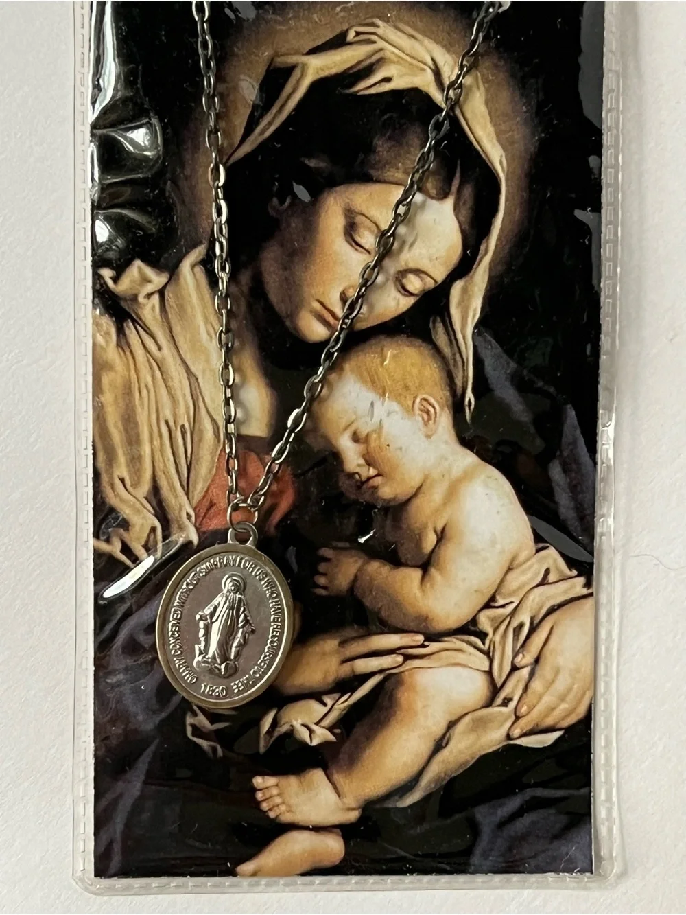 St. Anthony & Madonna Prayer Card Necklaces - Religious Medal Set, Blue & Black